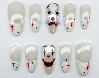 Unhas postiças de palhaço de circo, unhas artesanais para festivais de cosplay, unhas de Halloween, arte de unhas com rostos felizes e tristes, arte de unhas inspirada em circo