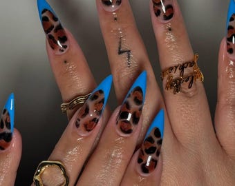 Blue French Tip Leopard Press On Nails, Blue Leopard Print Fake Nails, Fierce Press On Nails, Handmade Nail Set, Stiletto Leopard Press Ons