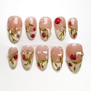 Ladybug Garden Press On Nails, 3D Floral Spring Fake Nails, Spring Meadow Nail Art, Floral French Tip Design Nails, Summer nails