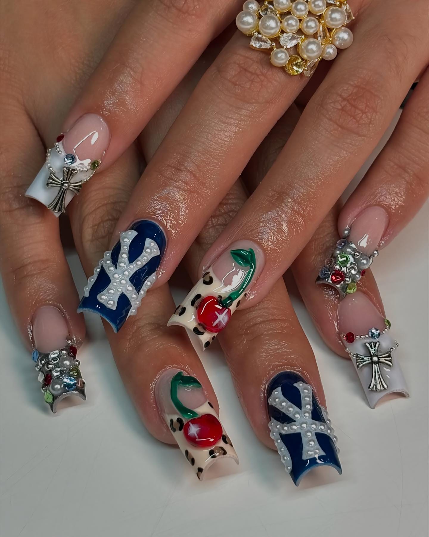 Bold Y2K Press On Nails, Press Ons with Pearl Cross, Leopard Art, Handmade Press On Nails with NYC Graffiti, NYC Cherry Cross nail charms