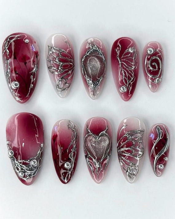 Red Chrome 3D Press On Nails, Wine Metallic Heart Nail Art, Y2K Silver Wire Nails, Red Wine Press On Nail for Special Occasions, Chrome nail