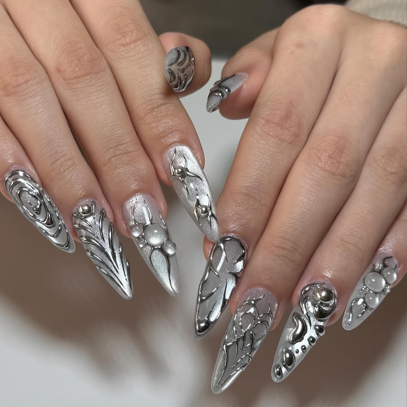 Luxury Chrome Silver Press On Nails, 3D Fluid Metallic Nail Art, Cyberpunk Chrome Nails, Y2K Chrome Nail Art, Reusable Cyber Y2K Nail Set image 1