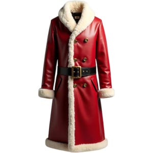 Luxury Red Leather Santa Coat: Faux Fur Trim, Holiday Costume