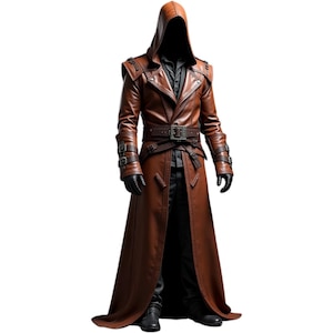 Men&#39;s Brown Leather Hooded Trench Coat: Medieval Buckle Cloak