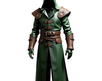 Men&#39;s Green Leather Hooded Coat: Mystic Woods Cosplay Cape