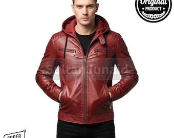 Red Hooded Leather Jacket Men – Streetwear, Cosplay, Gift