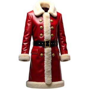 Luxury Santa Leather Coat: Red Fur Trim Christmas Costume