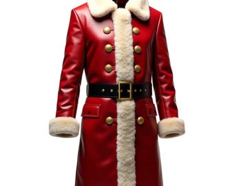 Luxury Santa Claus Leather Coat – Santa Coat with Fur Trim, Double-Breasted Christmas Coat, Holiday Cosplay Outfit, Handmade  Santa coat