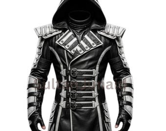 Men&#39;s Gothic Leather Trench Coat: Hooded Black Knight Cosplay