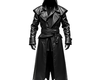 Men&#39;s Black Hooded Leather Trench Coat: Medieval Cosplay Cloak