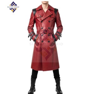 Red Leather Trench Coat: Gothic Cosplay, Black Accents