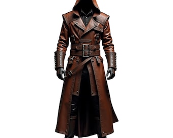 Hooded Brown Leather Trench Coat: Buckle Detail, Cosplay Fashion