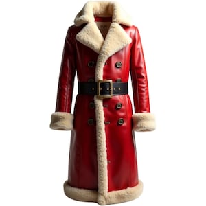 Red Leather Trench Coat: Vintage Shearling Trim, Holiday Cosplay