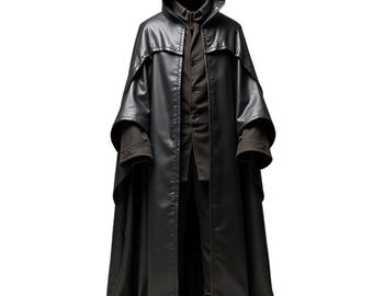 Mantello con cappuccio in pelle nera squisita: stile fantasy medievale