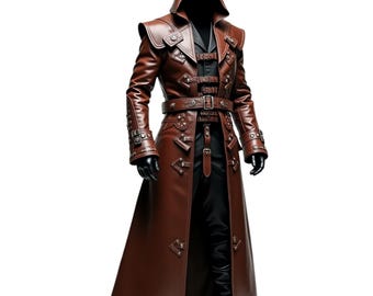 Men&#39;s Brown Leather Hooded Trench Coat: Buckle Accents, Split-Tail Design