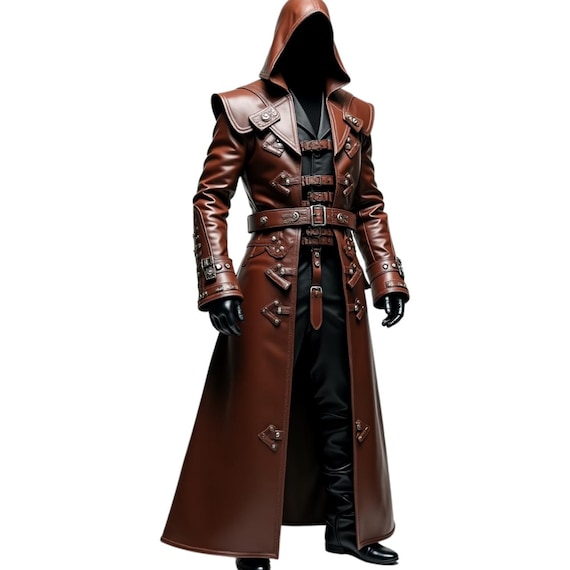 Mantel Kapuzen Trenchcoat Herren Elegant Brauner Leder Trenchcoat