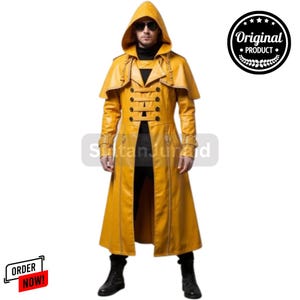 Yellow Leather Winged Cape Coat: Gothic Cosplay Trench