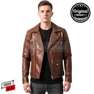 Brown  Leather Biker Jacket – Men’s Moto Style-Handcrafted Brown Leather Jacket-Men’s Brown Leather Moto Jacket-Motorcycle Outerwear for Men