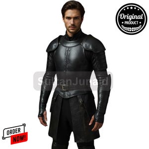 Conjunto de armadura medieval de cuero negro: traje de guerrero hecho a mano para cosplay en vivo y eventos. Armadura de guerrero gótico para hombre. Traje de fantasía personalizado.