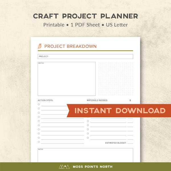 Craft Planning Printable, DIY Project Breakdown, Art Planner, US Letter Size, Digital Template, Instant Download