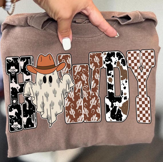 Howdy Ghost PNG, Western Halloween Ghost Sublimation, Cowboy Checkered Fall Letters Design, Spooky Rustic Png, Western Fall Png, Cowhide