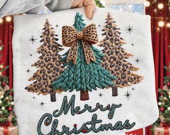Wesołych Świąt z włóczki w stylu Faux Yarn PNG, Choinka w panterkę PNG, Gruba dzianinowa kokardka z kokardą i choinką PNG, Realistyczna świąteczna sublimacja z włóczki
