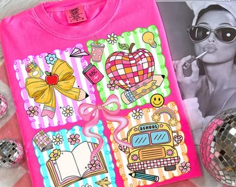 Preppy Neon Back to School Floral Girly Png, School Bus Png, Teacher Pencil Bow Png, Coquette First day Png, Hand Drawn, Colorful