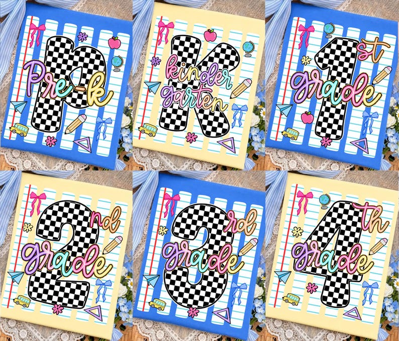 May include: A collection of six rectangular signs featuring school grade levels from Pre-K to 4th grade. Each sign displays a large black and white checkered number or letter, colorful cursive text, and school-themed icons like pencils, buses, and globes.