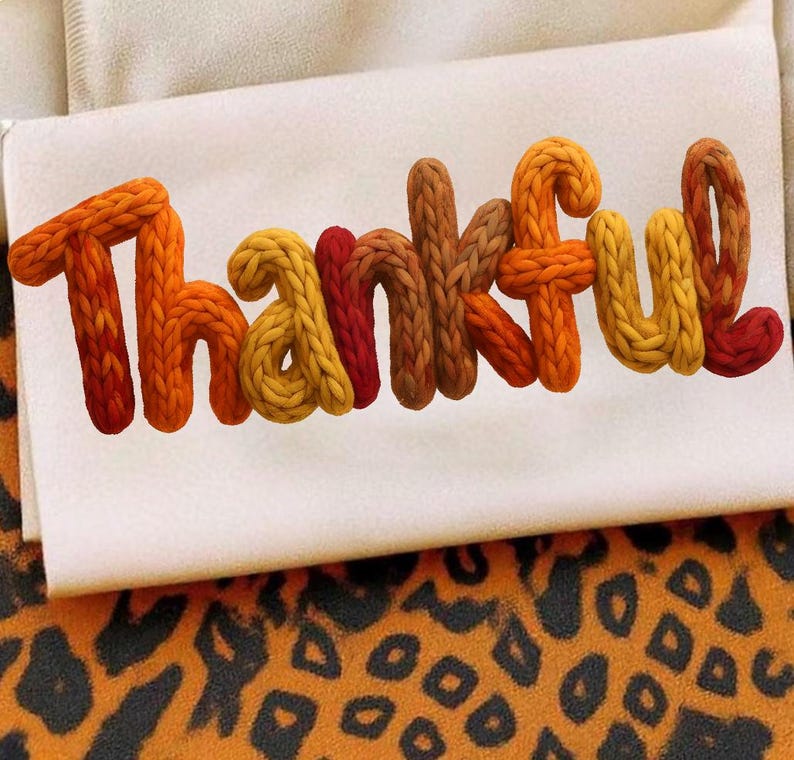 May include: A white rectangular decorative pillow with the word "THANKFUL" in 3D knitted letters. The letters are in shades of orange, yellow, and brown. The pillow is on a surface with a leopard print pattern.