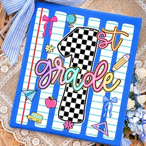 May include: A square blue sign featuring a large black and white checkered number one with the text 1st grade in colorful script. The background has white lined paper stripes. Illustrations include a globe, pencil, apple, bus, bows, and shapes.