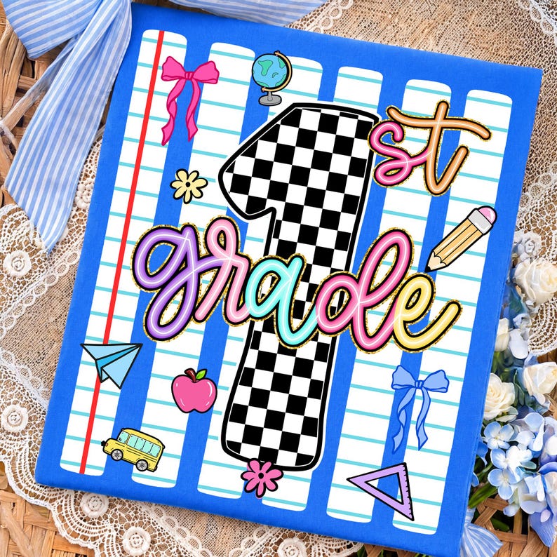 May include: A square blue sign featuring a large black and white checkered number one with the text 1st grade in colorful script. The background has white lined paper stripes. Illustrations include a globe, pencil, apple, bus, bows, and shapes.