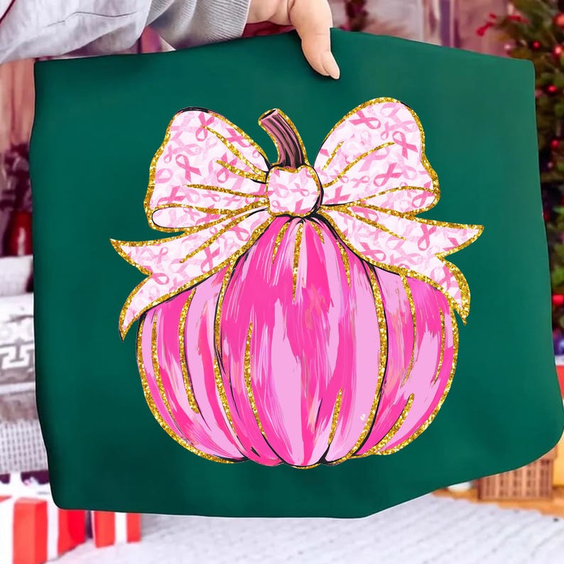 May include: A dark green tote bag featuring a pink pumpkin design with a bow. The bow is decorated with pink ribbons, and the pumpkin has gold glitter accents. The design is centered on the tote bag.