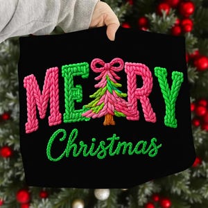 Faux Yarn Merry Christmas PNG, Yarn Christmas Tree Png, Chunky Knit Coquette Bow Christmas Tree PNG, Realistic Yarn Holiday Sublimation