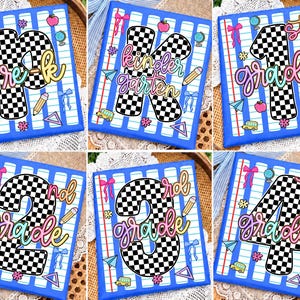May include: A collection of six square signs featuring a blue and white lined paper background. Each sign displays a large black and white checkered number or letter with the text Pre-K, Kindergarten, 1st grade, 2nd grade, 3rd grade, or 4th grade.