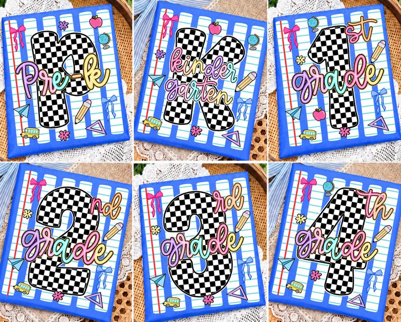 May include: A collection of six square signs featuring a blue and white lined paper background. Each sign displays a large black and white checkered number or letter with the text Pre-K, Kindergarten, 1st grade, 2nd grade, 3rd grade, or 4th grade.