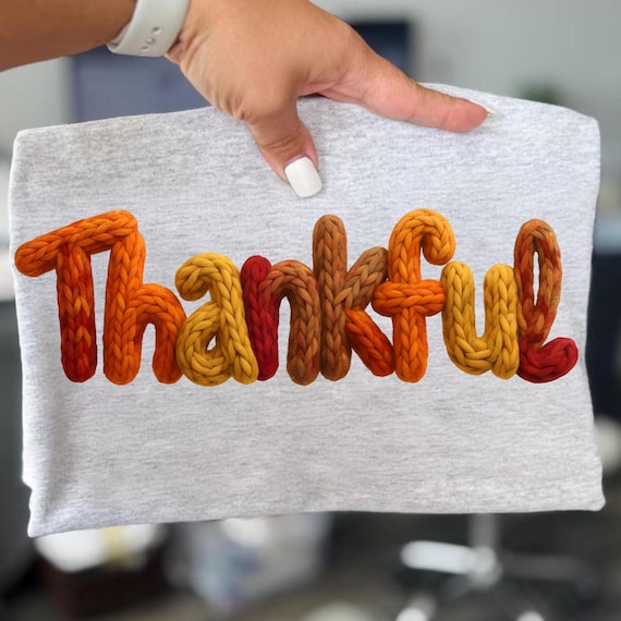 Latch Hook Yarn Crochet Thankful PNG, Thanksgiving Png, Faux Yarn Png, Hand Lettered, Boho Fall Png, Sublimation Design, Give Thanks Png