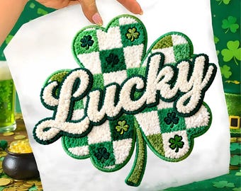 St. Patricks Day Lucky Png, Kunstgarn Patricks Day Png, Knüpfgarn Lucky, Kariertes Kleeblatt Png, Faux Stickerei Patrick, Grüner Tag Png