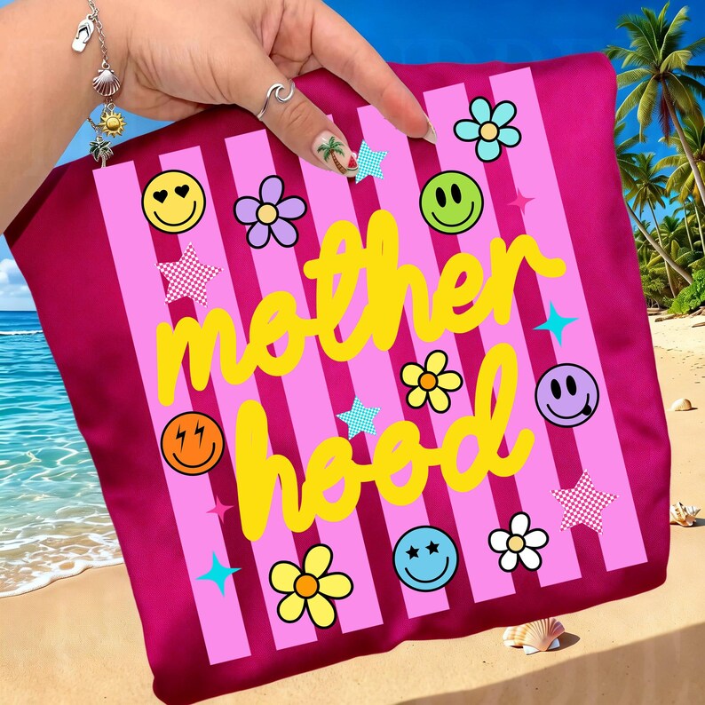 Striped Coquette Motherhood PNG, Smiley Face PNG, Neon Mama PNG, Dzień Matki PNG, Koszulka z kwiatowym wzorem dla mamy w stylu preppy, Modny wzór koszulki zdjęcie 2