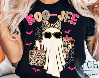 Preppy Leopard Ghost Boo Jee PNG, Pink Halloween Coffee Ghost Png, Boujee Ghost PNG, Spooky Season Png, Faux Glitter Png, Fall Pumpkin Png