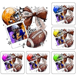 Könnte beinhalten: Eine Sammlung von Designs zum Thema Football. Jedes Design enthält einen Football, einen Helm und eine Schleife mit der Nummer "08" und dem Namen "HENRY". Die Designs zeigen auch ein Foto eines Footballspielers und Sterne.
