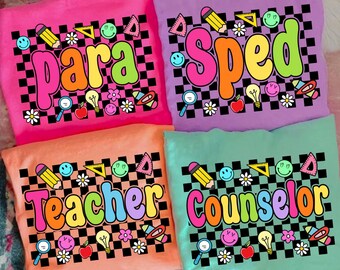Neon School Occupation PNG Bundle, Floral Back to School Teacher Sped Para Counselor, Floral First Day of School Png, Checkered Teacher Png