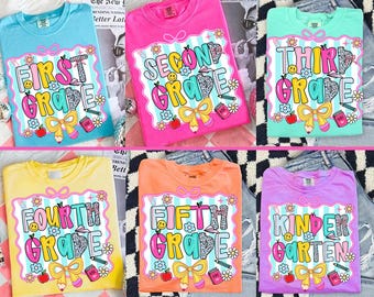 Paquete PNG de regreso a clases, diseño de camiseta de maestra coqueta para el primer día de clases, lazo de lápiz por sublimación, preescolar, 1.º, 2.º, 3.º y 4.º grado