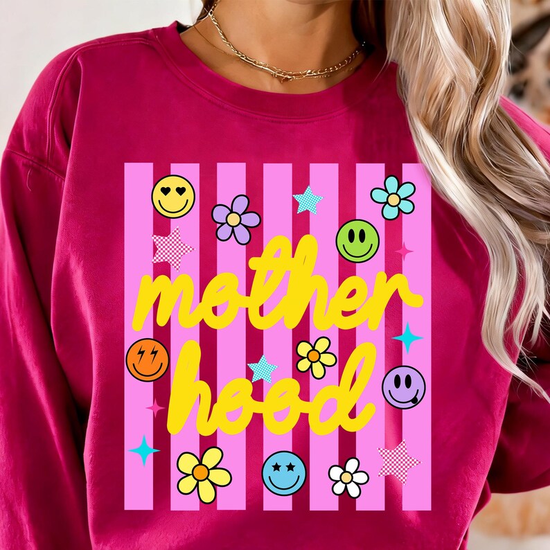 Striped Coquette Motherhood PNG, Smiley Face PNG, Neon Mama PNG, Dzień Matki PNG, Koszulka z kwiatowym wzorem dla mamy w stylu preppy, Modny wzór koszulki zdjęcie 6