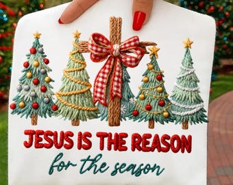 Jesus Is The Reason png, Latch Hook Yarn Crochet Jesus Christmas Png, Jesus Cross png, Christmas Tree Png, Checkered Red Plaid Bow Png