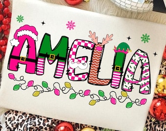 Aangepaste kerstnaam png, Pink Christmas Doodles Letters png, kerstman png, sneeuwpop png, rendier png, kerstshirt voor kinderen, kerstjongen, kerstman