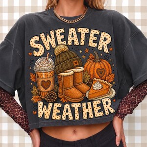 May include: A charcoal gray short-sleeve t-shirt featuring a graphic print with the text "SWEATER WEATHER" in a dotted font. The design includes a coffee cup, a knit beanie, a pair of boots, a pumpkin, and a slice of pumpkin pie with whipped cream.
