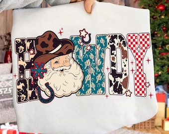 Bonjour Noël PNG, sublimation du père Noël de l'Ouest américain, conception de Noël à carreaux cow-boy, Noël Png, Western Christmas Png, peau de vache