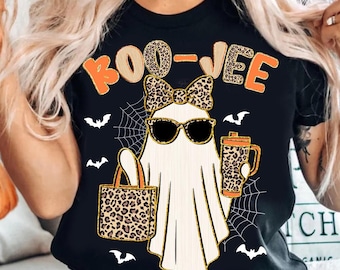 Preppy Leopard Ghost Boo Jee PNG, Halloween Coffee Ghost Shirt Png, Boujee Ghost PNG, Spooky Season Png, Faux Sequins Png, Fall Pumpkin Png