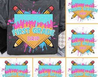 Retro Back to School Boys PNG Bundle, Dripping Kindergarten Design, First Day PNG, Pre-K to Third Grade Png, School Boy Ice Cream Drip Png