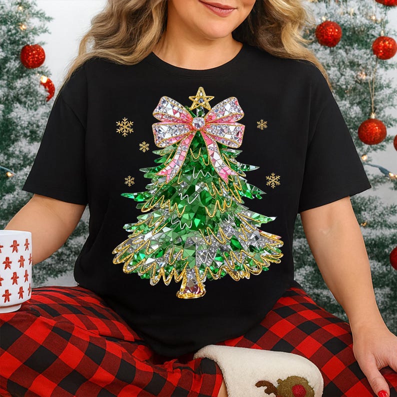 Może przedstawiać: Czarny t-shirt z motywem choinki. Choinka wykonana jest z zielonych i srebrnych geometrycznych kształt&oacute;w, z r&oacute;żową kokardą i gwiazdką. Złote płatki śniegu są rozrzucone wok&oacute;ł drzewa. Osoba ma na sobie czerwono-czarne spodnie w kratę.